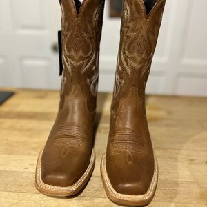 Brown Heeled Boots with Square Toe and Decorative Stitching